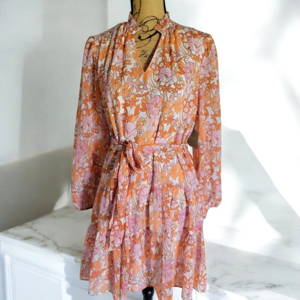 REYGRASS Long Sleeve Orange Pink Floral Dress‎ Light Sheer Fabric Women's SZ M